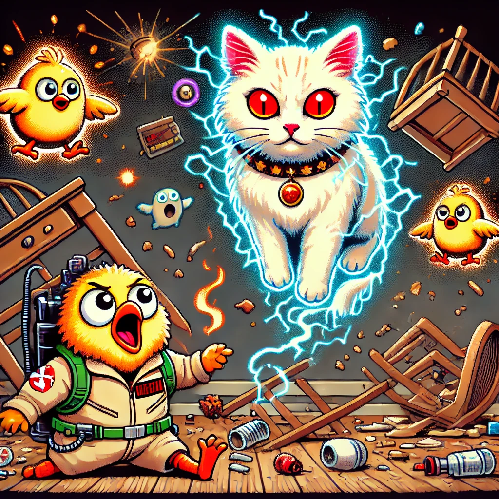 Magical kitten and frightened chick
